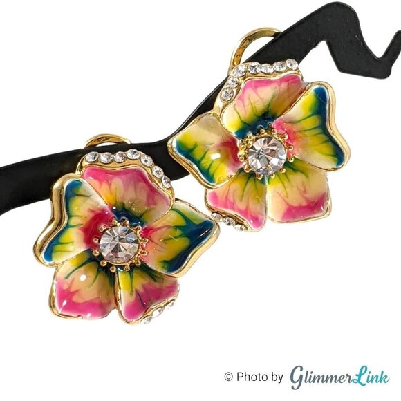 Bright Rainbow Enamel Hibiscus Gold Tone Lever Back Pierced Earrings - Picture 1 of 13